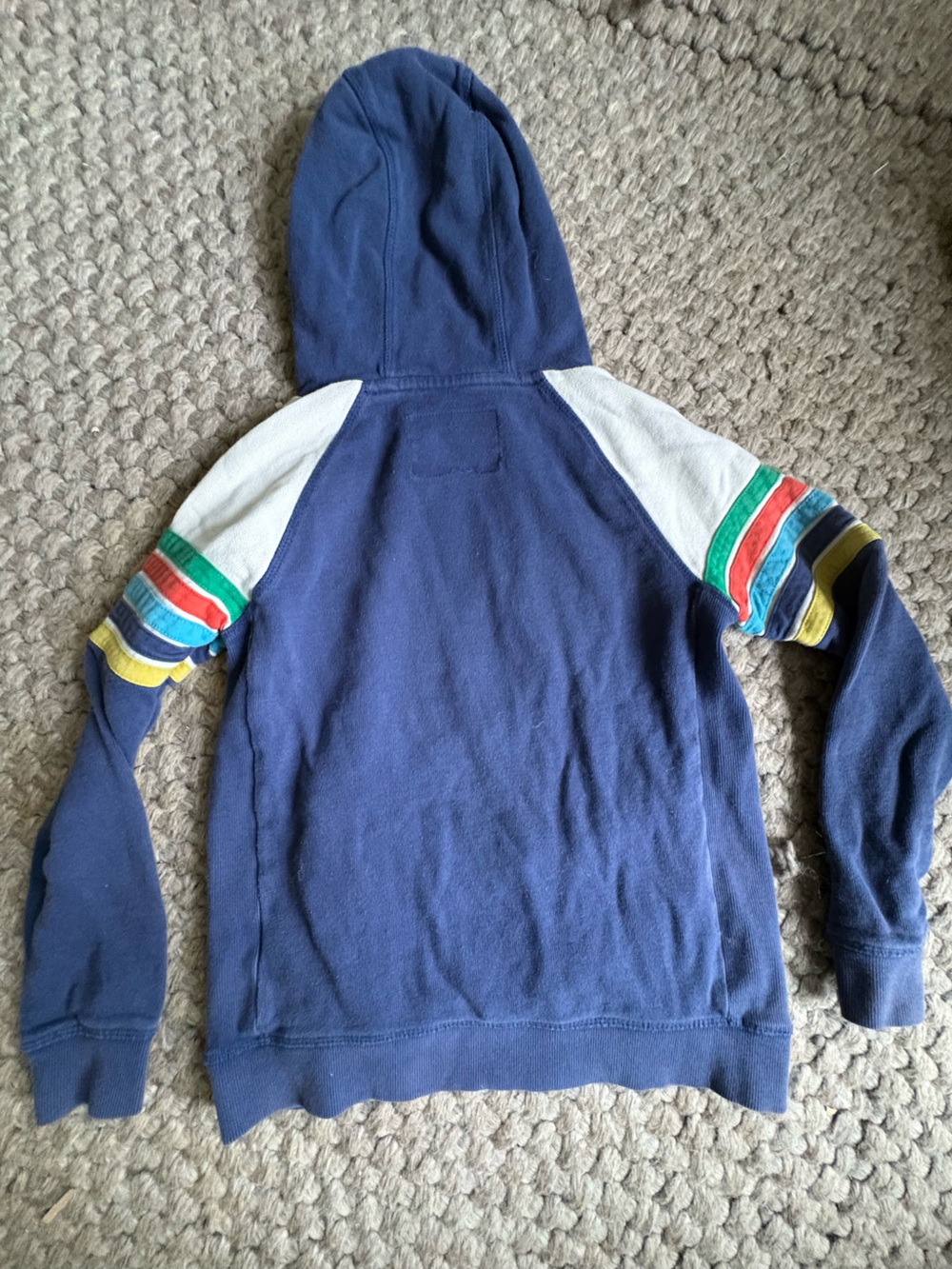Boden Navy Hooded Sweatshirt with Multi-Color Stripe Sleeves - Picture 2 of 5